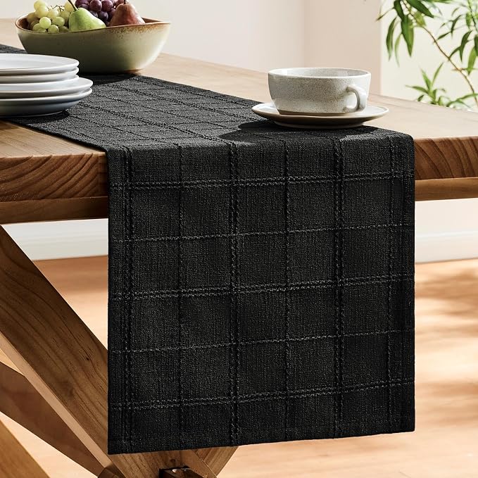 Linen Checked Farmhouse Table Runner, 13x48 Inches Black | Raised Grid Design - Image 4