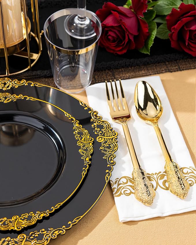 Nervure 350PCS Black Plastic Plates - Black Plastic Dinnerware Sets for 50 Guests - 100 Disposable Plates, 150 Gold Silverware, 50 Cups, 50 Napkins for Wedding & Party & New Year