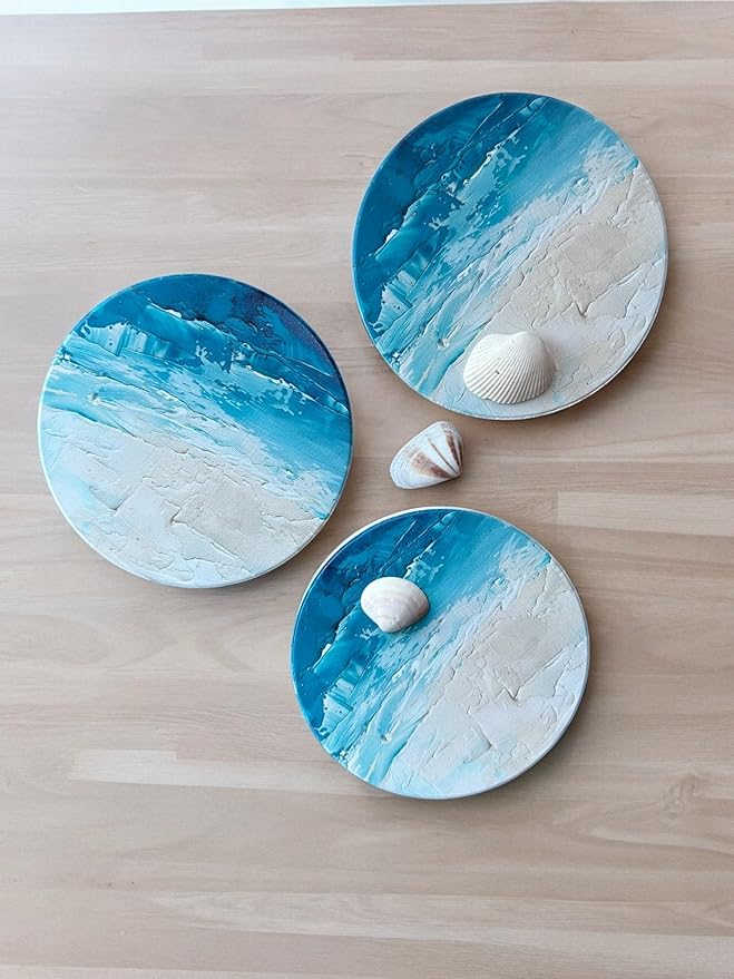 Ceramic Absorbent Coasters Set of 6 with Holder, Marble Drink Coasters for Coffee Table, Water-Absorbing Stone Coasters (Blue Waves Design)