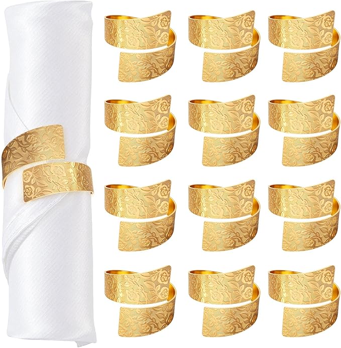 Napkin Rings Set of 12, Irregular-Shaped Metal Napkin Holders with Rose Patterns for Wedding Dining, Holiday Table Decor, Perfect for Home Chefs & Party Planners（Gold）