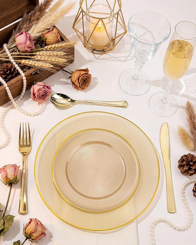 Hioasis 60pcs Brown and Gold Plastic Plates - Brown Disposable Dinnerware Set, 30pcs Dinner 10.25in & 30pcs Dessert 7.5in Plates with Striped Designs for Party & Wedding