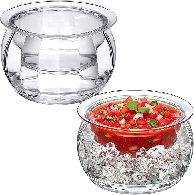 Amazing Abby - Ice Bed - Acrylic Chilled Dip Server Bowl with Ice Chamber (2-Pack), Clear Plastic Iced Serving Bowl, Keeping Dips and Condiments Cold and Fresh for Party, Picnic, Outdoor Dining