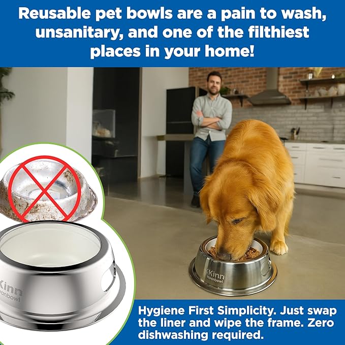 Kinn Kleanbowl Pet Bowl Stainless Steel Frame with Compostable Refills, 16 oz (Pack of 2) – Spill-Proof Stable Disposable Pet Bowls for Easy Cleaning and Healthy Pets, No Plastic