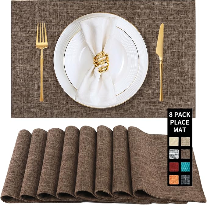 Placemats Set of 8, Faux Linen Dining Table Mats Heat Resistant Placemats for Kitchen Table, Washable Anti-Slip Place Mats, Kitchen Placemats Easy to Clean(Dark Brown)