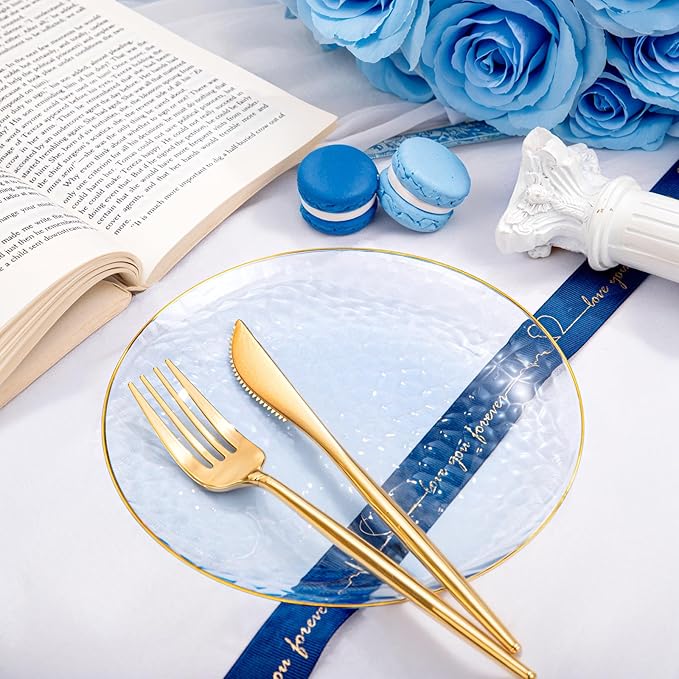 Rubtlamp 100 Pcs Clear Blue Gold Plastic Plates, Clear Hammered Plastic Plates, Blue Party Platos, Disposable Salad/Dessert Platos, 7-Inch Disposable Dessert/Appetizer Platos Perfect For Party