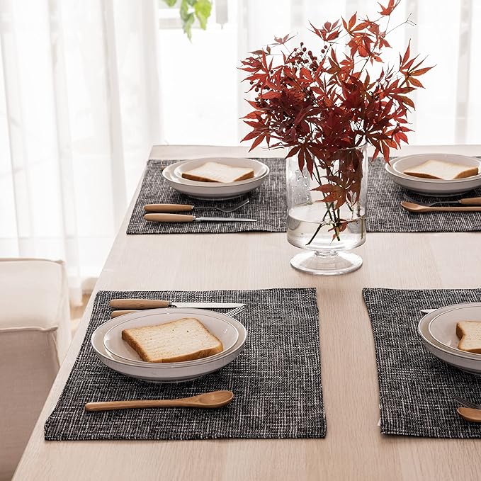 Kevin Textile Halloween Burlap Linen Placemats Set of 6 Heat Resistant Dining Table Place Mats Washable Kitchen Table Mats for Dinning Party Holiday Indoor Outdoor, 13 x19 inches, Black