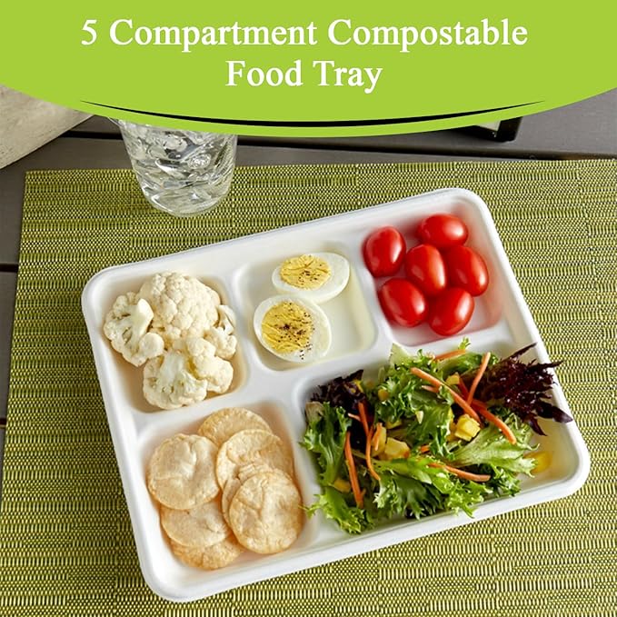 three leaf 5 COMPARTMENT BAGASSE (SCHOOL) TRAY 50 Ct. Heavy-Duty- Super Strong- Natural- Eco-Friendly Disposable Bagasse Plates, 100% Biodegradable 5 Compartment meal Plates