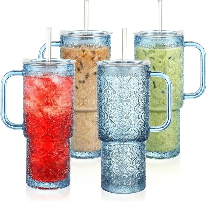 20 oz Blue Glass Tumbler with Lid and Straw, Glass Iced Coffee Cups, by Unknown