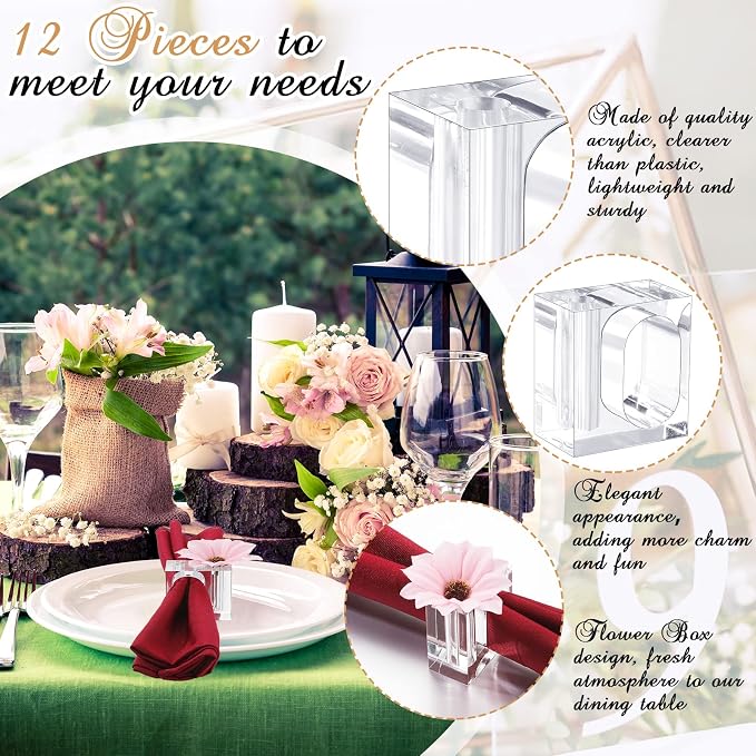 12 Pcs Acrylic Napkin Rings Clear Napkin Holder Bulk | Square Flower Bud Vase - Image 3