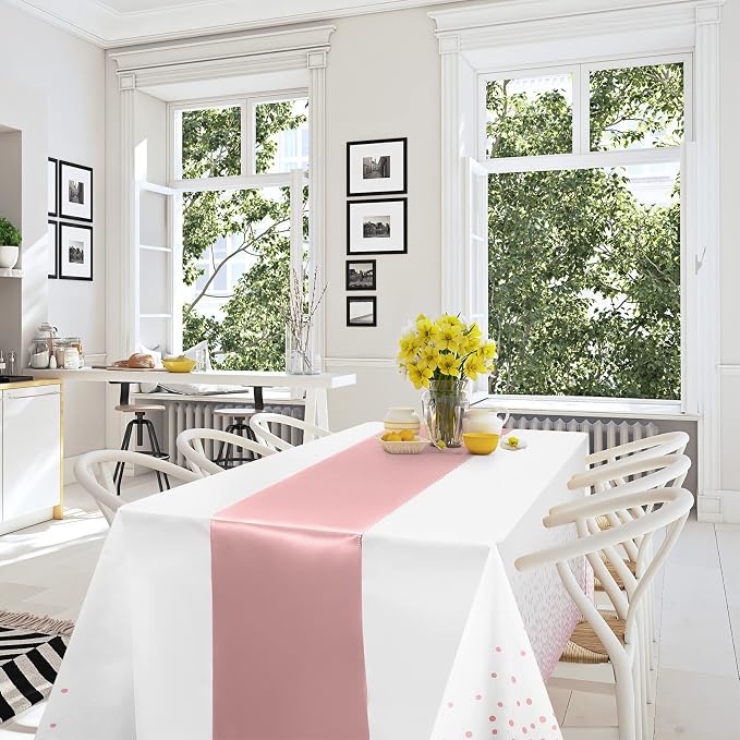 8Pack Disposable Plastic Tablecloths and Satin Table Runner Set White and Rose - Image 4