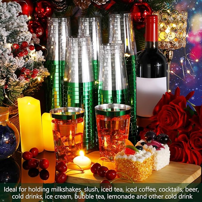 Patelai 100 Pcs Green Plastic Cups 12 oz Green Rimmed Plastic Cups Heavy Duty Disposable Wine Glasses Clear Cocktail Glasses Drinking Tumblers for Party Wedding Christmas Birthday
