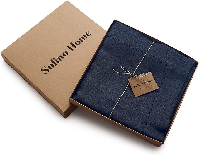 Solino Home Navy Blue Linen Tablecloth 60 x 120 Inch - 100% Pure Linen Hemstitch Table Cloth for Rectangle Tables - Classic Hemstitch, Machine Washable Tablecloth for Winter, Easter