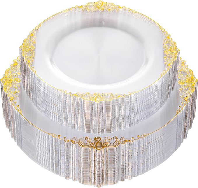 Nervure 100Pcs Clear and Gold Plastic Plates - Heavyweight Gold Disposable Plates - Plastic Plates Include 50Pcs 10.25inch Dinner Plate & 50Pcs 7.5inch Dessert Plate for Wedding & Party & Thanksgiving