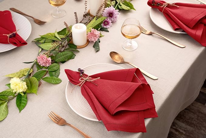 D'Moksha Homes Bright Red Linen Napkins Set of 4 - Classic Hemstitch 100% Pure Linen Hemstitch Dinner Napkins 20 x 20 Inch for Valentines, Spring, Easter - Handcrafted and Machine Washable