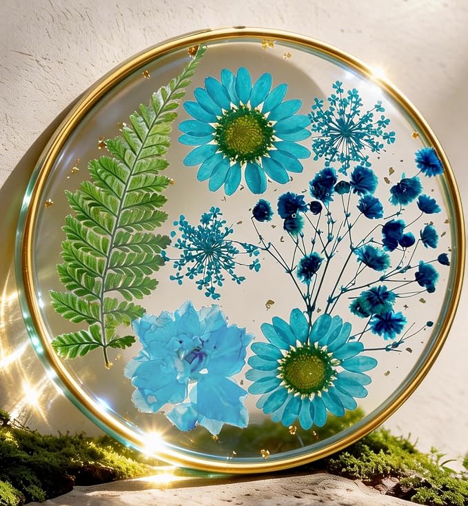 Oqplog Resin Drink Coasters for Desk Coffee Table-Blue Cute Dried Flowers Cup by Oqplog