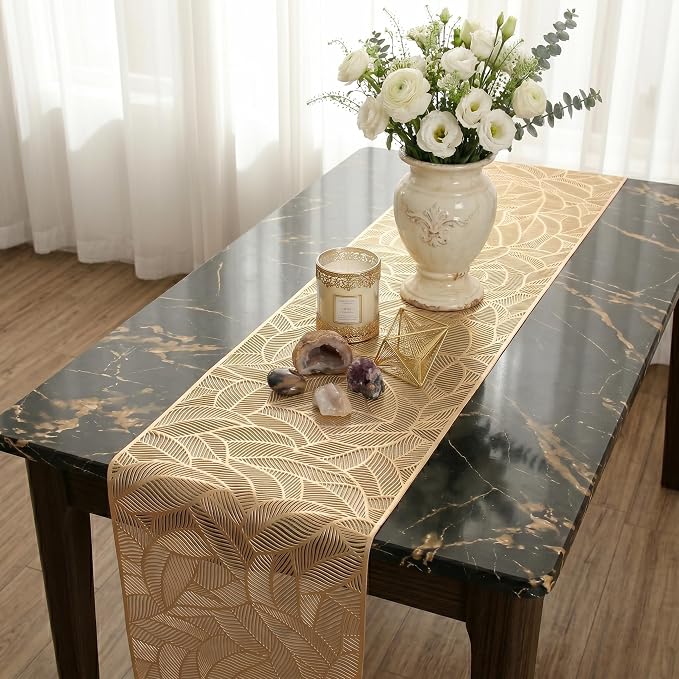 FAVE Gold Table Runner 72 Inches Long Hollow-Out Leaf Design Table Runner | - Image 6