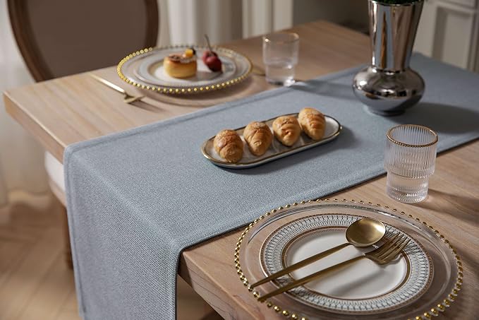 Burlap Style Farmhouse Table Runner, 14x48 Inches Light Dusty Blue | Thick - Image 4