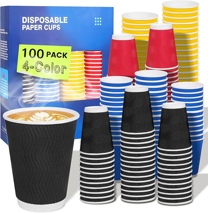 MOUMOULIFE 12 oz Disposable Paper Coffee Cups, 100 Pack 4-Color Assortment - Image 6