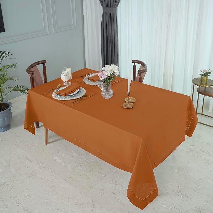 D'Moksha Homes Rust Linen Tablecloth for Rectangle Tables 60 x 132 Inch - 100% Pure Linen Rust Table Cloth - Classic Hemstitch, Machine Washable Dining Tablecloth for Spring, Easter