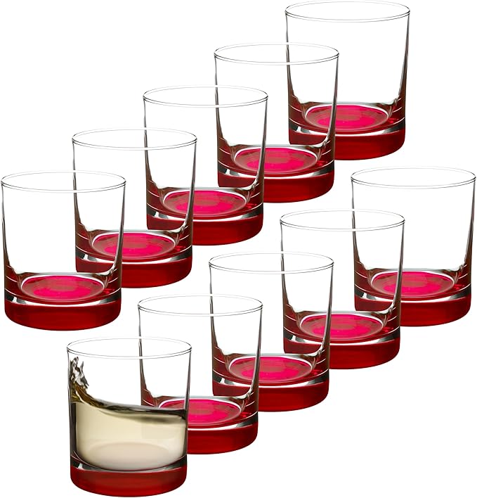 Whiskey Glasses by Libbey 10 oz. Set of 10, Bulk Pack - Heavy Base Old Fashioned Glass, Perfect for Scotch, Bourbon, Whiskey, Cocktail - Red