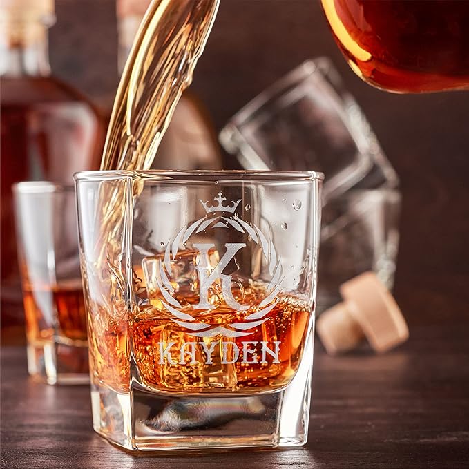 Customization Mill Single, Monogrammed Whiskey Rocks Glasses w/Name & Initial - Whiskey Gifts for Men - 9 Designs - Personalized Bourbon Whiskey Glasses
