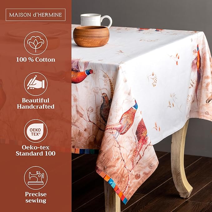 Maison d' Hermine Table Cloth Square Table 100% Cotton 60 x 60 Inches Fall Tablecloth Reusable Everyday Use for Thanksgiving Christmas Decorations Dining Farmhouse Party (Faisan D'Automne)