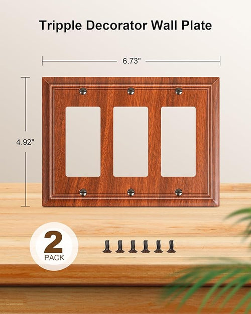 2-Pack Decorative Tripple Decorator Outlet Cover Plate, Durable Natural Bamboo Fiber Wood Grain Wall Plates for Electrical Outlets, Receptacle, GFCI Outlet, Dimmer Switch, 3-Gang, Corrosion Resistant