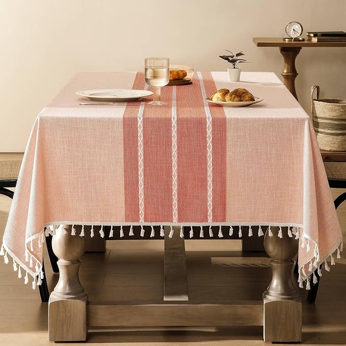 ZeeMart Contrast Linen Table Cloth Rectangle Table Cloths 54x108 Inch Orange, Farmhouse Style Heavy Weight Burnt Orange Fall Tablecloth, Water Resistant Burlap Tablecloths