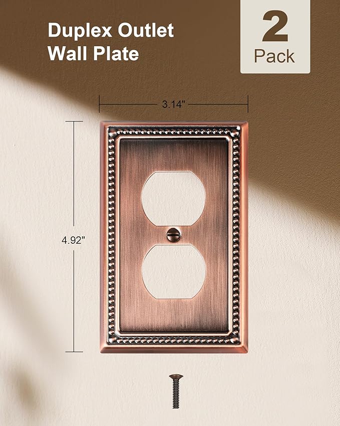 2-Pack Duplex Outlet Cover Plate, Antique Copper Metal Wall Plates for Electrical Outlets, 1 Gang Receptacle Cover, Pearls Decorative Switch Plates and Outlet Covers