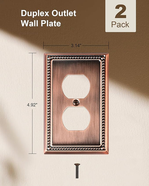 2-Pack Duplex Outlet Cover Plate, Antique Copper Metal Wall Plates for Electrical Outlets, 1 Gang Receptacle Cover, Pearls Decorative Switch Plates and Outlet Covers