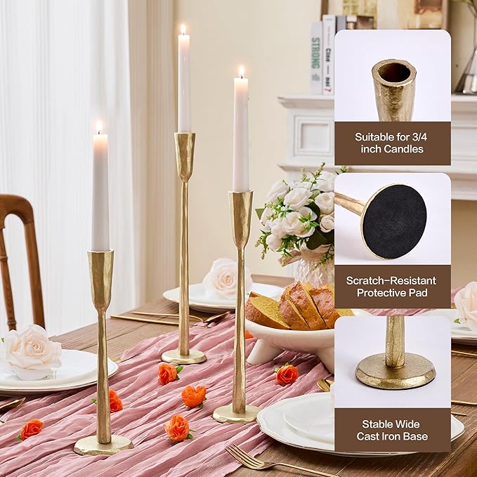 Cast Iron Taper Candle Holder Set of 3, Heavyweight Tall Candlestick Holders, Antique Gold, for Fireplace Mantle & Dining Table, Versatile Decor for Wedding, Holiday, Home & Christmas