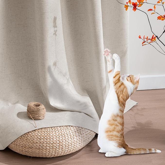 PrinceDeco 100% Blackout Linen Curtains 96 Inch Long Nature Burlap Fabric Black Out Curtains for Nursery,Heat & Light Blocking 2 Panels Set Grommet Window Drapes,Heathered Linen