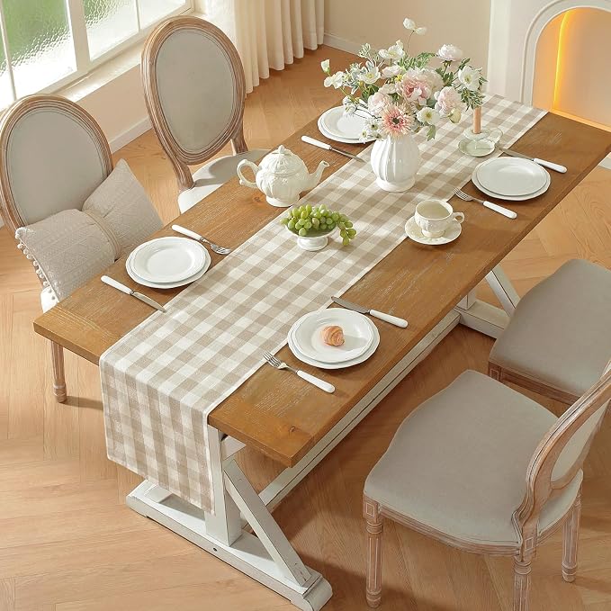 Laolitou Spring Beige Checkered Table Runner, Cotton Linen Gingham Table Runners - Image 2