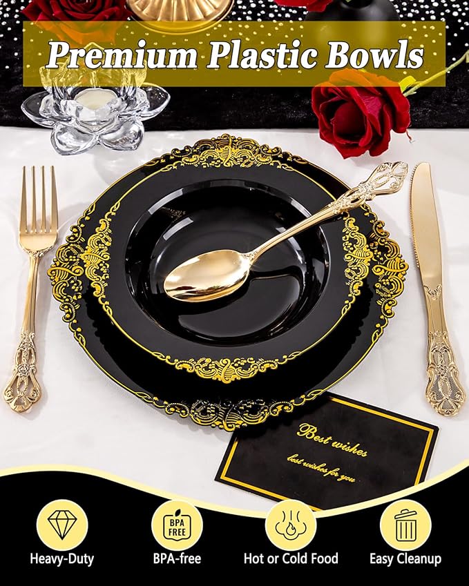 100PCS Black Plastic Bowls - 12 oz Black Gold Disposable Salad Bowls - Heavy Duty Soup Serving Bowl - Fancy Plastic Candy Bowl for Weddings, Parties, Dinners, Catering, Picnics, Party