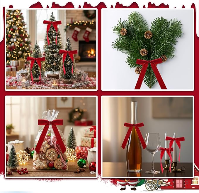 Riceshoot Velvet Bow Napkin Rings Bows with Gold Semicircle Metal Napkin Ring Velvet Bow Holder for Wine Bottles Table Settings Candlestick Wedding Valentine's Day Dinner(Claret Red,12 Pcs)