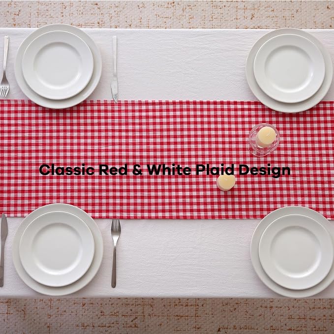 Red White Plaid Gingham Ruffle Table Runner 108 inches Long 100% Washed Cotton - Image 4