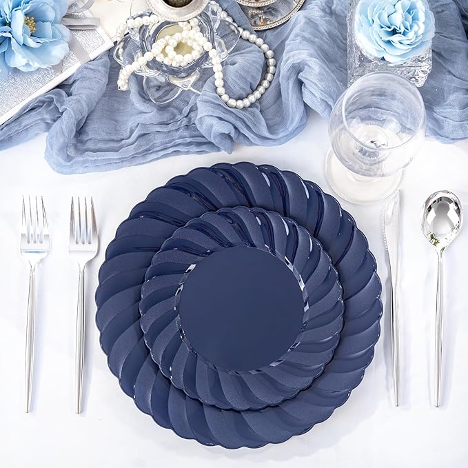 U-QE 60 Pcs Blue Plastic Plates for Party – Scalloped Blue Plates Disposable Heavy Duty – Include 30 10.25" Dinner & 30 7.25" Dessert Plate - Perfect for Parties, Weddings