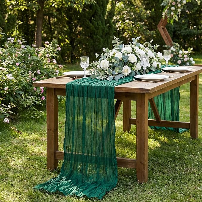3 Pack Emerald Green Cheesecloth Table Runner 120 Inch Boho Wedding Decor | - Image 5