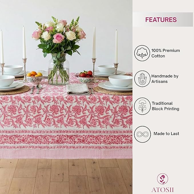 ATOSII Red Bloom 100% Cotton Tablecloth, Handblock Print Rectangle Table Cover for Kitchen Dining I Tabletop Linen I Parties, Wedding, Spring Summer Table Cloth 60 X 90 Inches