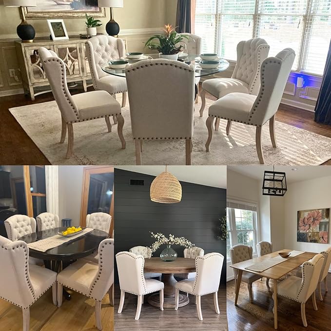 chairus Tufted Parsons Dining Chairs Set of 6, French Country Upholstered Dining Room Chairs with Nailhead Trim & Curved Wood Legs, Farmhouse High Back Armless Side Kitchen Chairs, Beige Linen
