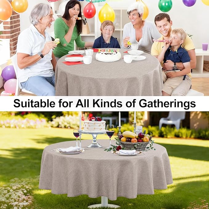 JIUZHEN Round Table Cloth Faux Linen Farmhouse Tablecloth Wrinkle and Stain Resistant Decorative Fabric Table Cover for Kitchen, Dining Room, Parties and Camping, Stone, 60 Inch Round