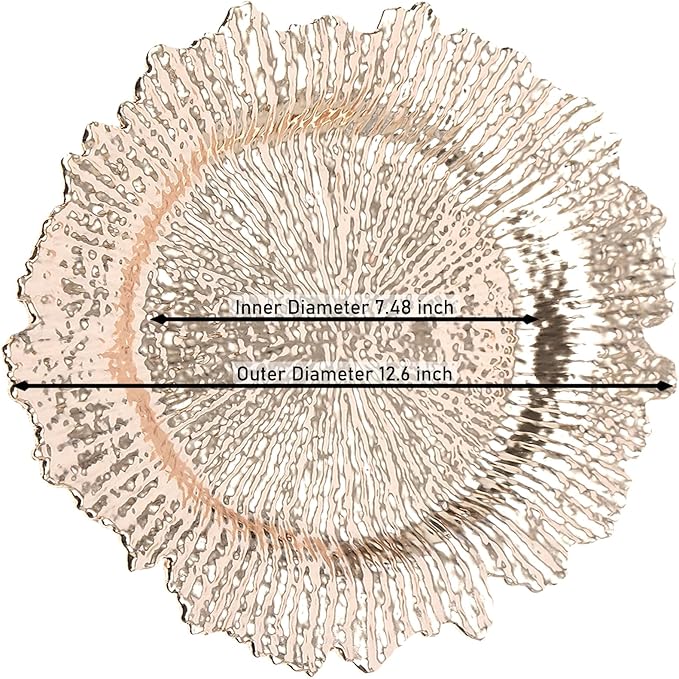 LOYALHEARTDY 24 Pack 13 Inch Rose Gold Charger Plates, Plastic Reef Textured Rim Round Decorative Underplates for Wedding, Party, Dinner Table