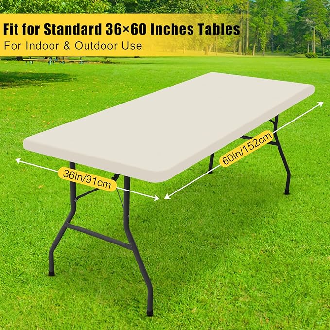 Smiry Rectangle Tablecloth, Elastic Fitted Flannel Backed Vinyl Tablecloths for 5ft Folding Tables, Waterproof Wipeable Table Covers for Indoor, Outdoor, Picnic and Camping (Beige, 36"x60")