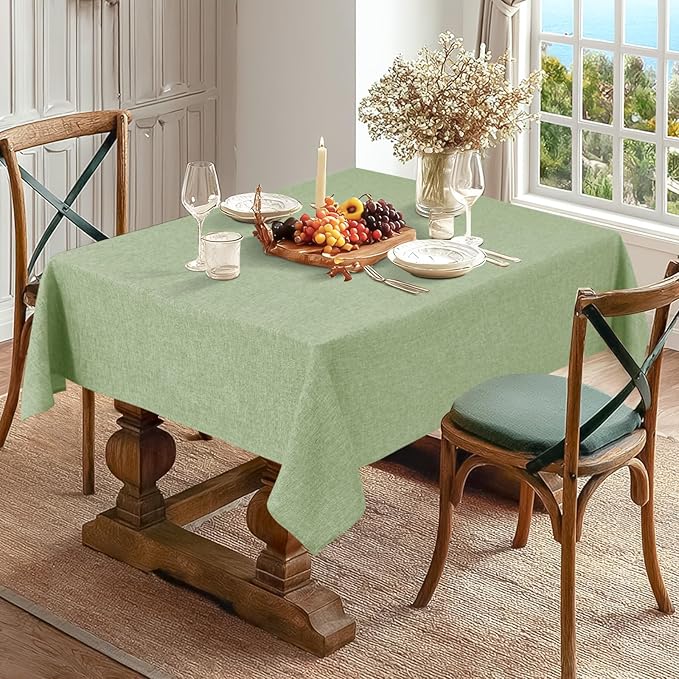 JIUZHEN Rectangle Table Cloth Faux Linen Farmhouse Tablecloth Wrinkle and Stain Resistant Decorative Fabric Table Cover for Kitchen, Dining Room, Parties and Camping, Sage Green, 60 x 84 Inch