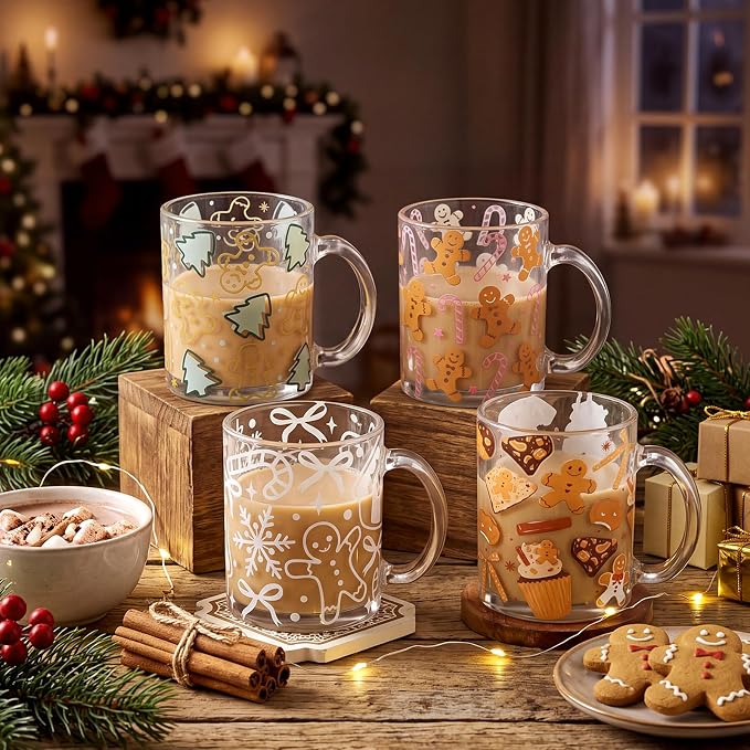 Tioncy 4 Pcs Christmas Coffee Mugs 12 oz Gingerbread Man Glass Cups - Image 2