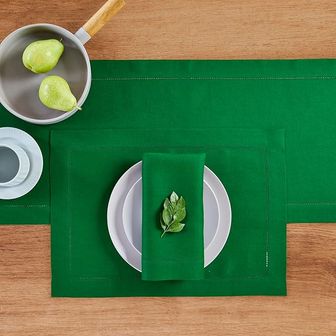 Solino Home Linen Cloth Placemats Set of 4-100% Pure Linen Hemstitch Garden Green Placemats 14 x 19 Inch - Classic Hemstitch Table Place Mats for Winter, St Patricks Day, Easter