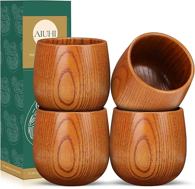 AIUHI Wooden Whiskey Glasses, Old Fashioned Bourbon Cups, Handcrafted Wooden Bourbon Drinking Glass for Ideal Gift for Whiskey Lovers, Perfect for Home Bar, Whiskey Tasting & Outdoor Gatherings(4Pack)