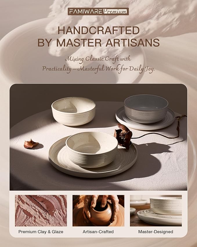 Plates and Bowls Sets for 6 (18-Piece) Stoneware Reactive Glaze Dinnerware with Speckles & Spirals, Chip and Scratch Resistant Flared Dishes Set with Gift Box, Microwave Dishwasher Safe, Shell Beige