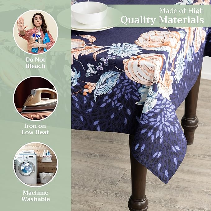 Maison d' Hermine Table Cloth Rectangle Table 100% Cotton 60 x 108 Inches Fall Tablecloth Reusable Everyday Use for Thanksgiving Christmas Decorations Dining Farmhouse Party (Pumpkin Blues)