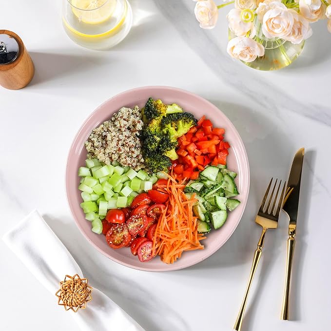 AmorArc 9.0" Large Ceramic Pasta Bowls, 32oz Handmade Speckled Stoneware Pasta Bowls Set of 4, Microwave & Dishwasher Safe Bowls With Terracotta Underside for Fruit Pasta Salad-Pink